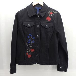 Charter Club Boho Western Flower Denim Crop Button Up Jacket Coat Small Black